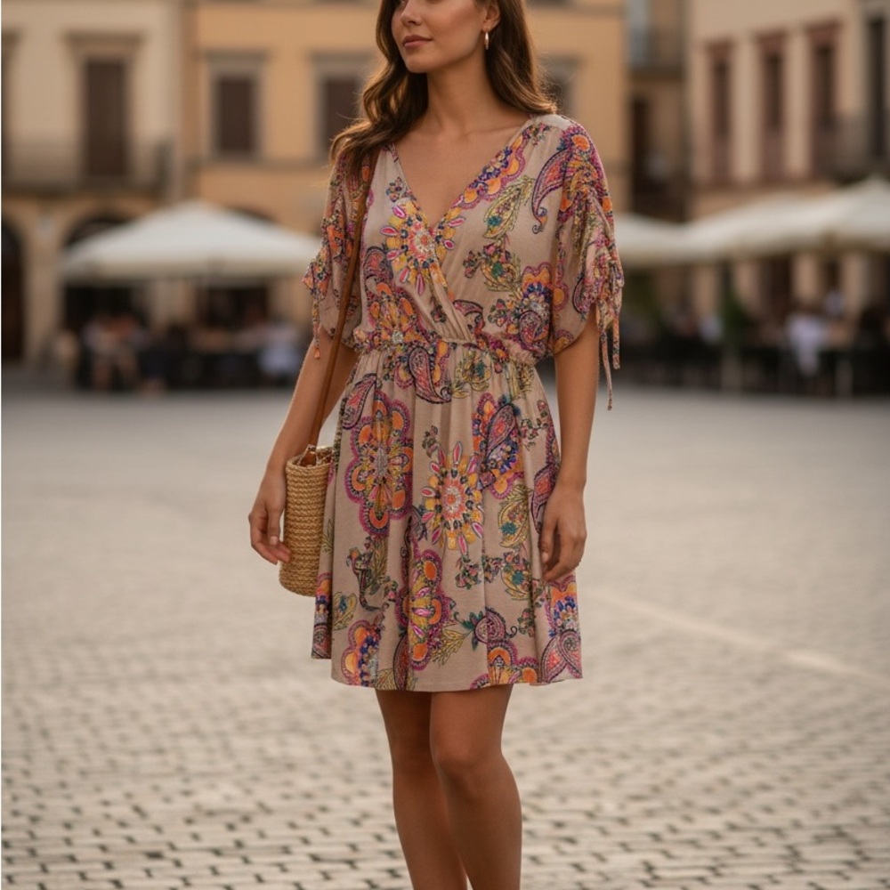 Beige Paisley V-Neck Midi Dress with Elastic Waist